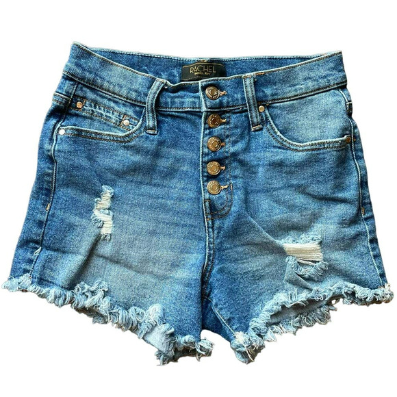 RACHEL Rachel Roy Pants - Rachel Roy High Rise Distressed Raw Hem Button Fly 3" Denim Shorts - Women's - 4